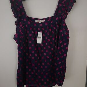 LOFT Dark Blue and Magenta Ruffle Blouse